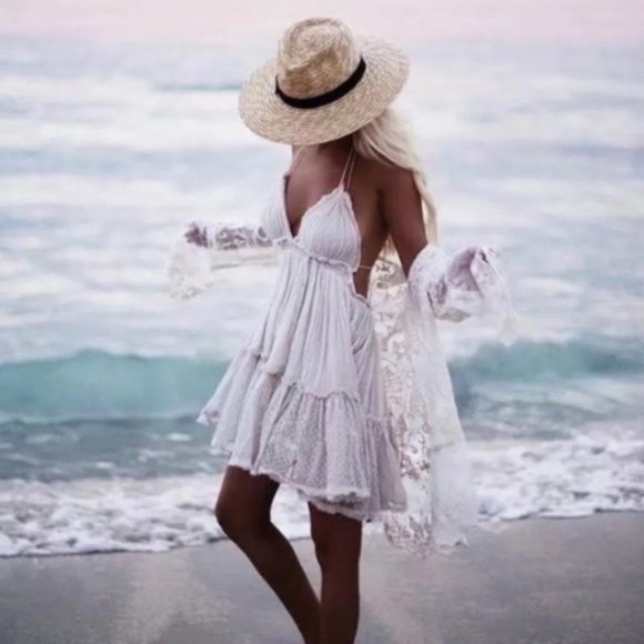 Ivory Swiss Dot Mesh Boho Halter Mini Dress - Picture 2 of 7